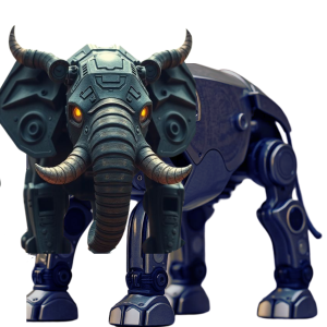 A silver elephant/robot with extra tusks coming out of his head, and red glowing eyes.