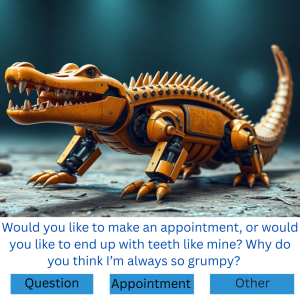 An orange-ish alligator-robot with his mouth open , showing his rotten teeth.
