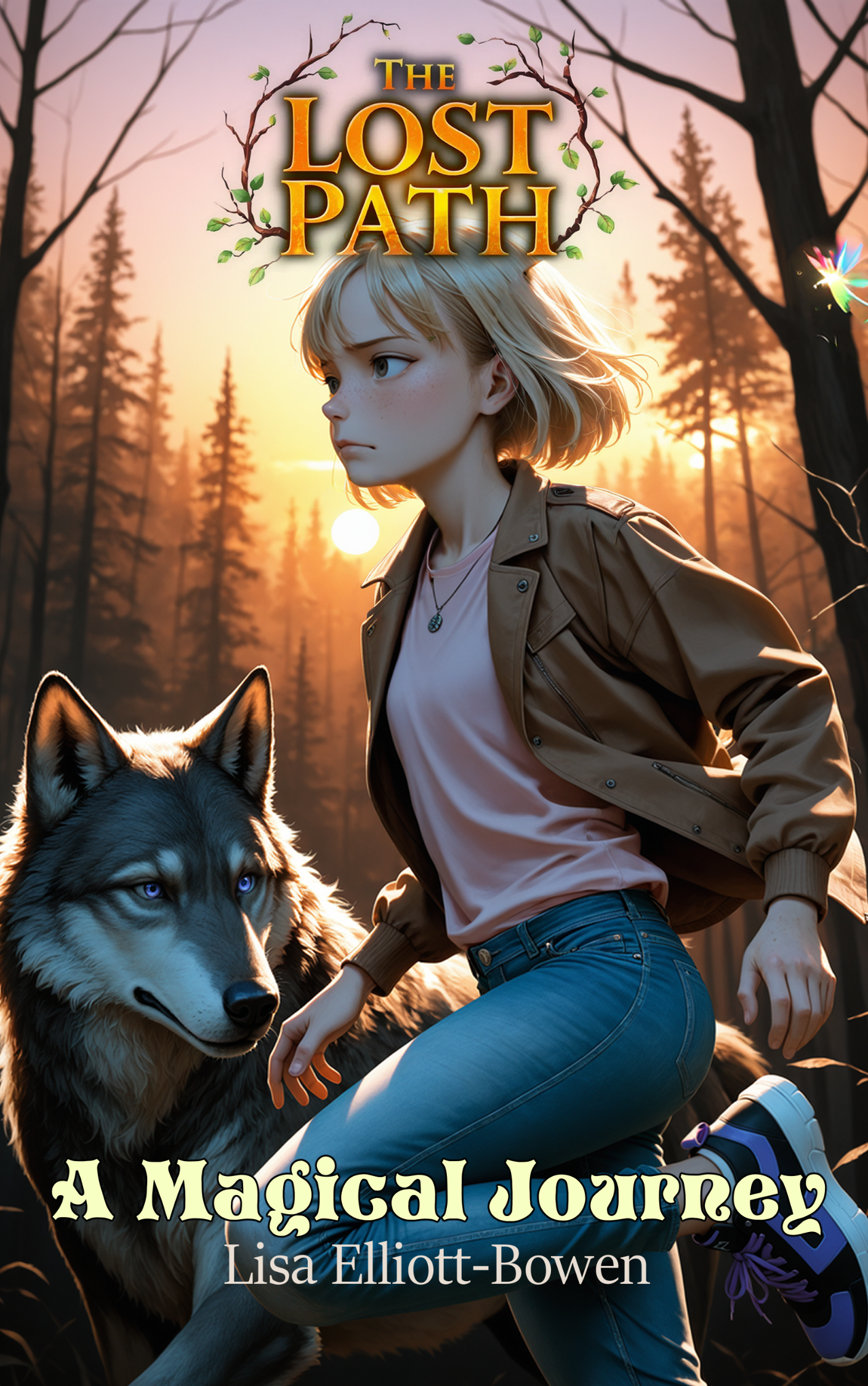 Lost Path-cover Book cover with a girl and wolf running away from something titled, "The Lost Path: A Magical Journey"