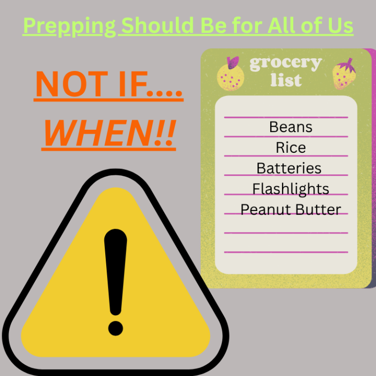 Picture with a danger sign, a grocery list and words that say "Prepping should be for all of us" and "Not if...When"